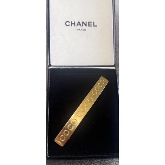Authentic Chanel COCO Logo Gold Tone Hair Barrette Clip France w/ Box - Picture 1 of 3